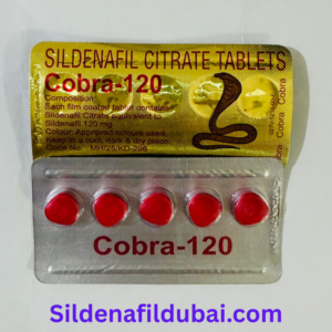 Cobra 120 mg sildenafil citrate tablets blister pack with packaging and red pills