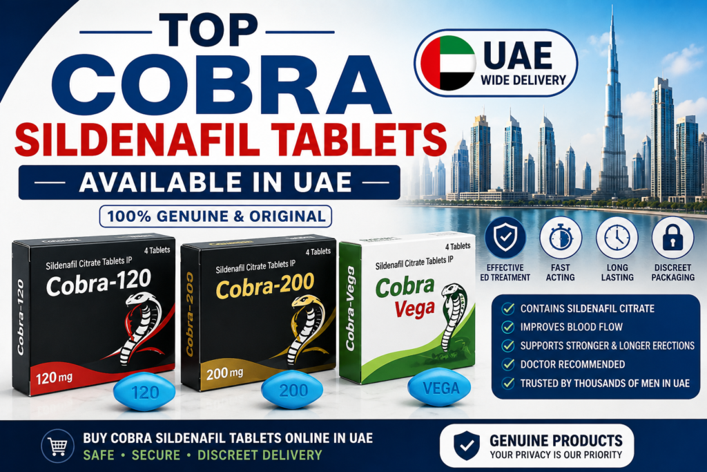 Top Cobra Sildenafil Tablets Available in UAE featuring Cobra 120mg, Cobra 200mg, and Cobra Vega